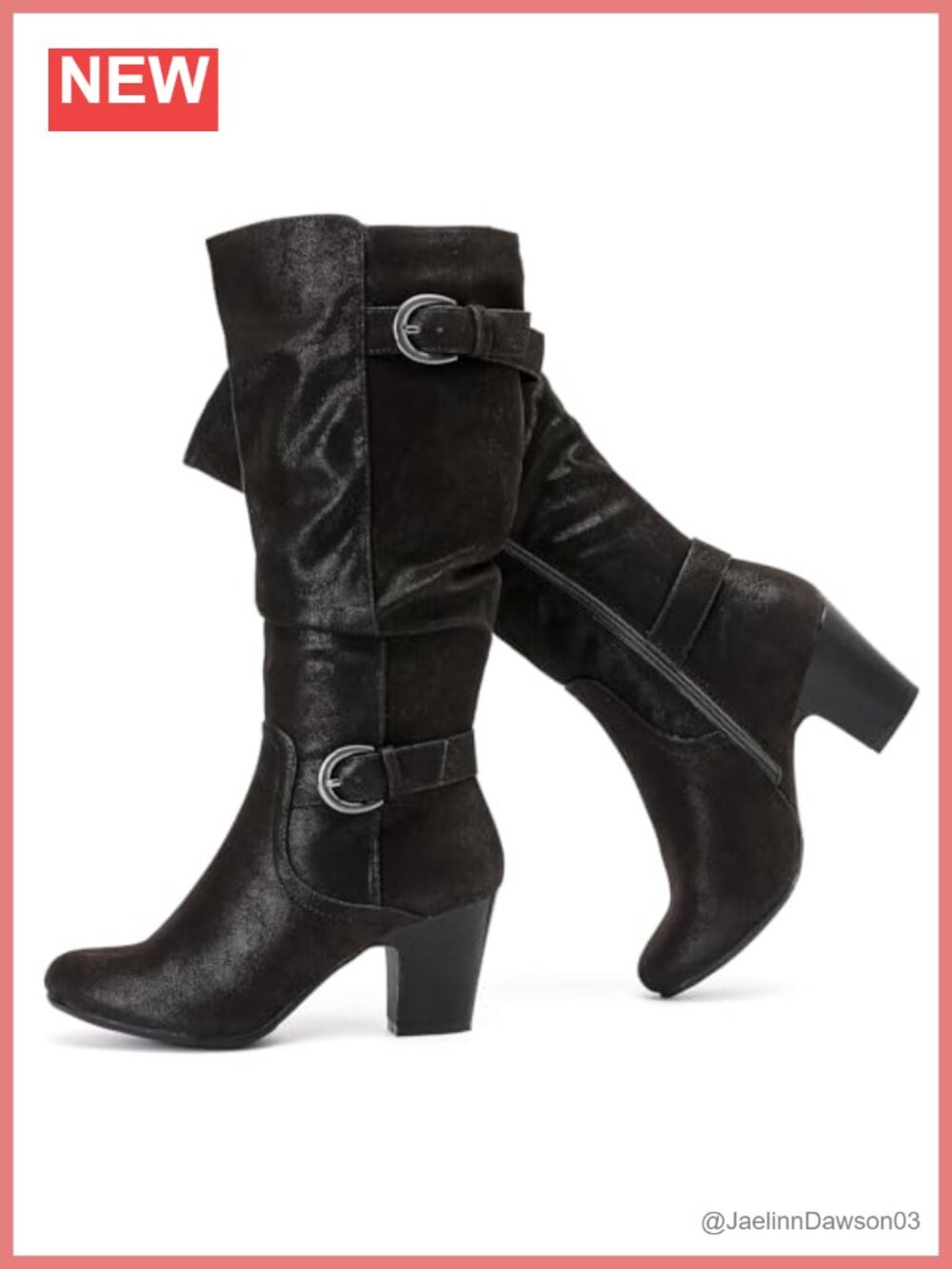 Women's Faux Leather Knee High Heeled Boots, Slouchy Block Heel, Side Zip
